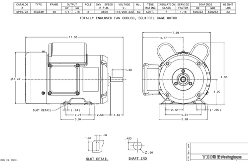 SPT0/22 TECO-Westinghouse 1/4 HP 3600 RPM 48 Frame 115/208-230V TEFC Rolled Steel 1-Ph Motor