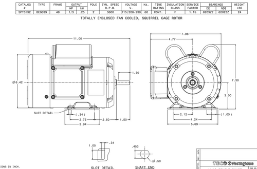 SPT0/32 TECO-Westinghouse 1/3 HP 3600 RPM 48 Frame 115/208-230V TEFC Rolled Steel 1-Ph Motor
