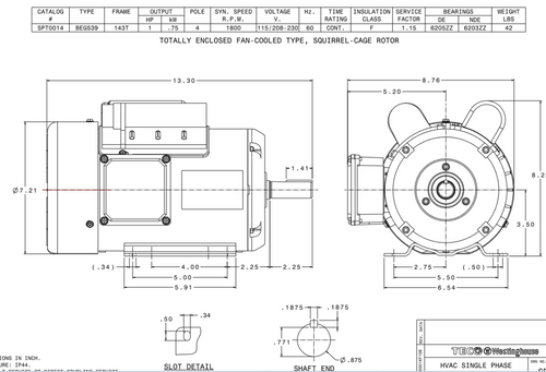 SPT0014 TECO-Westinghouse 1 HP 1800 RPM 143T Frame 115/208-230V TEFC Rolled Steel 1-Ph Motor