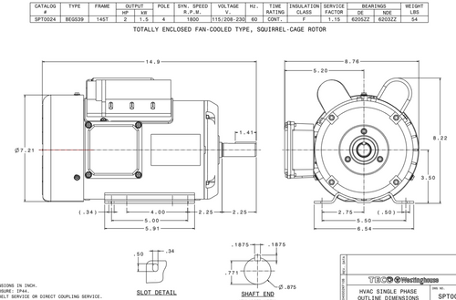 SPT0024 TECO-Westinghouse 2 HP 1800 RPM 145T Frame 115/208-230V TEFC Rolled Steel 1-Ph Motor