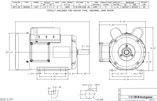 SPT1/52 TECO-Westinghouse 1 1/2 HP 3600 RPM 143T Frame 115/208-230V TEFC Rolled Steel 1-Ph Motor