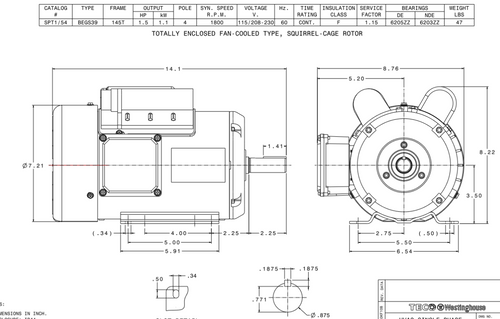 SPT1/54 TECO-Westinghouse 1 1/2 HP 1800 RPM 145T Frame 115/208-230V TEFC Rolled Steel 1-Ph Motor