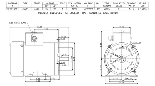 WFP0/54C TECO-Westinghouse 1/2 HP 1800 RPM 56C Frame 230/460V TEFC Stainless Steel 3-Ph Motor