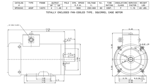 WP0024C TECO-Westinghouse 2 HP 1800 RPM 145TC Frame 230/460V TEFC Stainless Steel 3-Ph F3 Motor