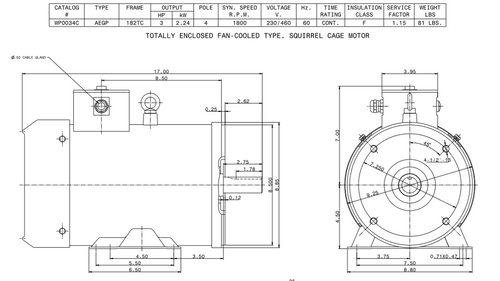 WP0034C TECO-Westinghouse 3 HP 1800 RPM 182TC Frame 230/460V TEFC Stainless Steel 3-Ph F3 Motor