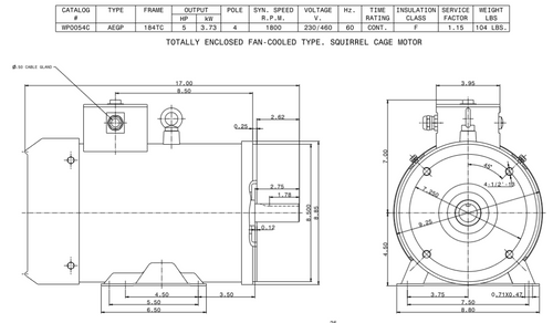 WP0054C TECO-Westinghouse 5 HP 1800 RPM 184TC Frame 230/460V TEFC Stainless Steel 3-Ph F3 Motor