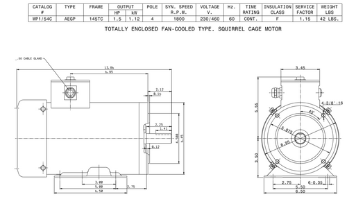 WP1/54C TECO-Westinghouse 1 1/2 HP 1800 RPM 145TC Frame 230/460V TEFC Stainless Steel 3-Ph F3 Motor
