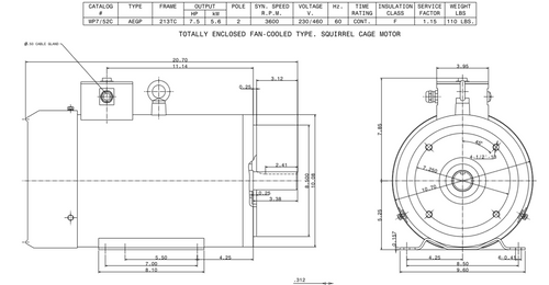 WP7/52C TECO-Westinghouse 7 1/2 HP 3600 RPM 213TC Frame 230/460V TEFC Stainless Steel 3-Ph F3 Motor