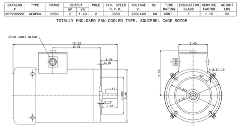WFPV0022C TECO-Westinghouse 2 HP 3600 RPM 56C Frame 230/460V TEFC Round Body Stainless Steel 3-Ph Motor