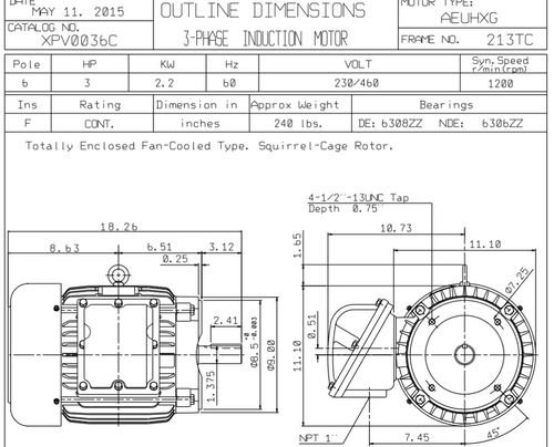 XPV0036C TECO-Westinghouse 3 HP 1200 RPM 213TC Frame 230/460V TEFC Cast Iron 3-Ph Exposion Proof Motor