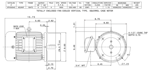 XPV0054C TECO-Westinghouse 5 HP 1800 RPM 184TC Frame 230/460V TEFC Cast Iron 3-Ph Exposion Proof Motor