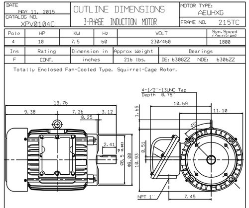 XPV0104C TECO-Westinghouse 10 HP 1800 RPM 215TC Frame 230/460V TEFC Cast Iron 3-Ph Exposion Proof Motor
