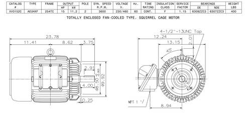 XPV0152C TECO-Westinghouse 15 HP 3600 RPM 254TC Frame 230/460V TEFC Cast Iron 3-Ph Exposion Proof Motor