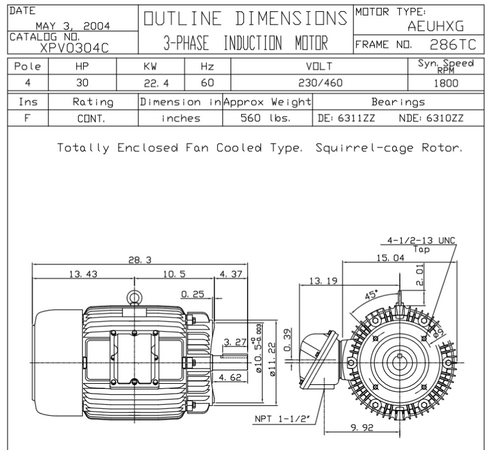 XPV0304C TECO-Westinghouse 30 HP 1800 RPM 286TC Frame 230/460V TEFC Cast Iron 3-Ph Exposion Proof Motor
