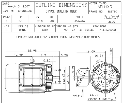 XPV0502C TECO-Westinghouse 50 HP 3600 RPM 324TSC Frame 230/460V TEFC Cast Iron 3-Ph Exposion Proof Motor