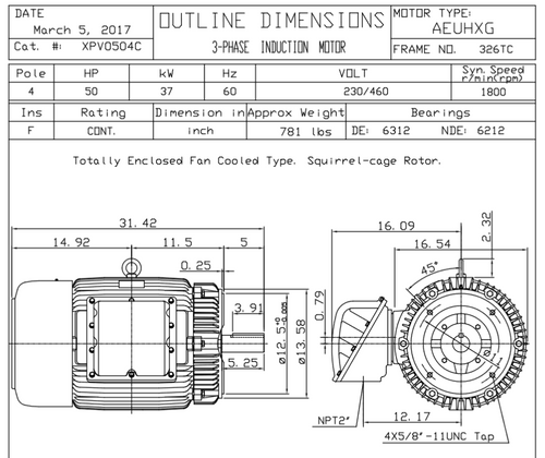 XPV0504C TECO-Westinghouse 50 HP 1800 RPM 326TC Frame 230/460V TEFC Cast Iron 3-Ph Exposion Proof Motor