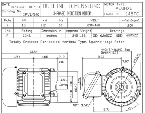 XPV1/54C TECO-Westinghouse 1 1/2 HP 1800 RPM 145TC Frame 230/460V TEFC Cast Iron 3-Ph Exposion Proof Motor