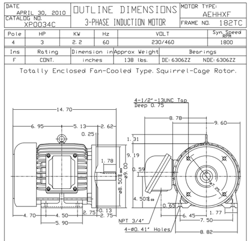 XP0034C TECO-Westinghouse 3 HP 1800 RPM 182TC Frame 230/460V TEFC Cast Iron 3-Ph Exposion Proof Motor