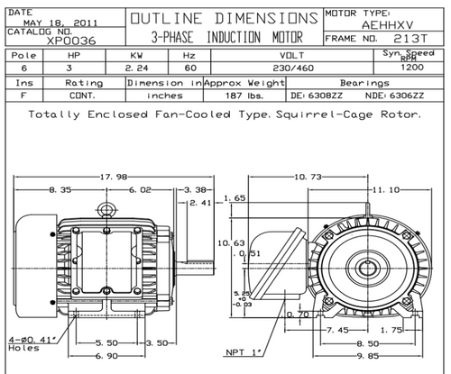 XP0036 TECO-Westinghouse 3 HP 1200 RPM 213T Frame 230/460V TEFC Cast Iron 3-Ph Exposion Proof Motor