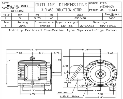 XP0052 TECO-Westinghouse 5 HP 3600 RPM 184T Frame 230/460V TEFC Cast Iron 3-Ph Exposion Proof Motor