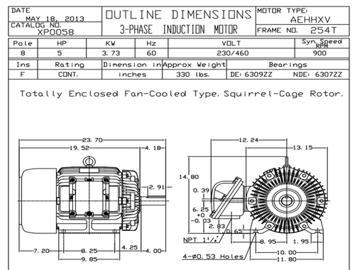 XP0058 TECO-Westinghouse 5 HP 900 RPM 254T Frame 230/460V TEFC Cast Iron 3-Ph Exposion Proof Motor