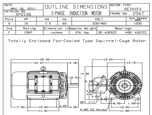 XP0106 TECO-Westinghouse 10 HP 1200 RPM 256T Frame 230/460V TEFC Cast Iron 3-Ph Exposion Proof Motor