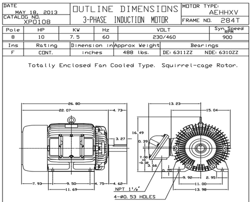XP0108 TECO-Westinghouse 10 HP 900 RPM 284T Frame 230/460V TEFC Cast Iron 3-Ph Exposion Proof Motor