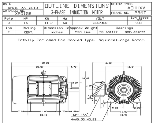 XP0158 TECO-Westinghouse 15 HP 900 RPM 286T Frame 230/460V TEFC Cast Iron 3-Ph Exposion Proof Motor