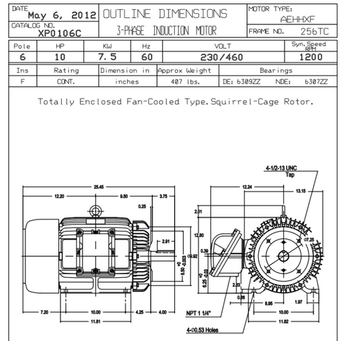 XP0106C TECO-Westinghouse 10 HP 1200 RPM 256TC Frame 230/460V TEFC Cast Iron 3-Ph Exposion Proof Motor