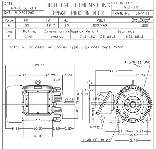 XP0256C TECO-Westinghouse 25 HP 1200 RPM 324TC Frame 230/460V TEFC Cast Iron 3-Ph Exposion Proof Motor