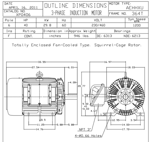 XP0406 TECO-Westinghouse 40 HP 1200 RPM 364T Frame 230/460V TEFC Cast Iron 3-Ph Exposion Proof Motor