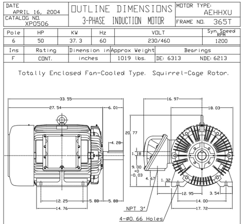 XP0506 TECO-Westinghouse 50 HP 1200 RPM 365T Frame 230/460V TEFC Cast Iron 3-Ph Exposion Proof Motor