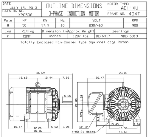 XP0508 TECO-Westinghouse 50 HP 900 RPM 404T Frame 230/460V TEFC Cast Iron 3-Ph Exposion Proof Motor