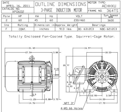 XP0602 TECO-Westinghouse 60 HP 3600 RPM 364TS Frame 230/460V TEFC Cast Iron 3-Ph Exposion Proof Motor