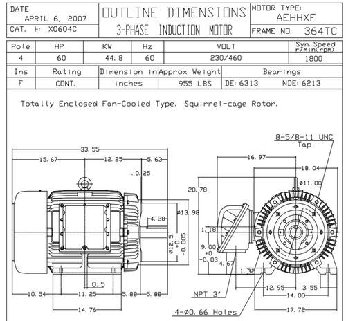 XP0604C TECO-Westinghouse 60 HP 1800 RPM 364TC Frame 230/460V TEFC Cast Iron 3-Ph Exposion Proof Motor