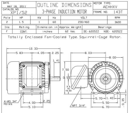 XP1/52 TECO-Westinghouse 1 1/2 HP 3600 RPM 143T Frame 230/460V TEFC Cast Iron 3-Ph Exposion Proof Motor