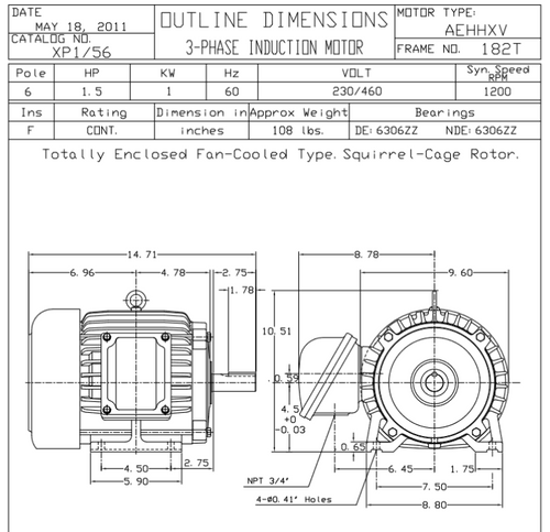 XP1/56 TECO-Westinghouse 1 1/2 HP 1200 RPM 182T Frame 230/460V TEFC Cast Iron 3-Ph Exposion Proof Motor