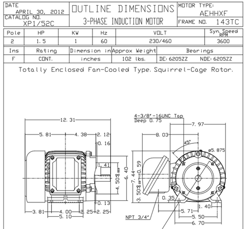 XP1/52C TECO-Westinghouse 1 1/2 HP 3600 RPM 143TC Frame 230/460V TEFC Cast Iron 3-Ph Exposion Proof Motor