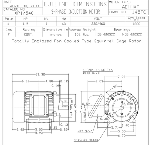 XP1/54C TECO-Westinghouse 1 1/2 HP 1800 RPM 145TC Frame 230/460V TEFC Cast Iron 3-Ph Exposion Proof Motor