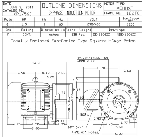 XP1/56C TECO-Westinghouse 1 1/2 HP 1200 RPM 182TC Frame 230/460V TEFC Cast Iron 3-Ph Exposion Proof Motor