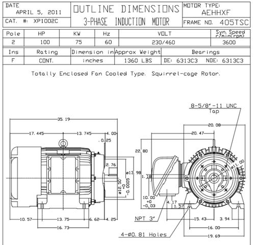 XP1002C TECO-Westinghouse 100 HP 3600 RPM 405TSC Frame 230/460V TEFC Cast Iron 3-Ph Exposion Proof Motor
