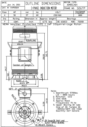VHP0504 TECO-Westinghouse 50 HP 1800 RPM 326TP 230/460V TEFC Vertical Hollow Shaft 3-Ph Motor