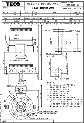 VSP0504 TECO-Westinghouse 50 HP 1800 RPM 326VP 230/460V TEFC Vertical Solid Shaft 3-Ph Motor