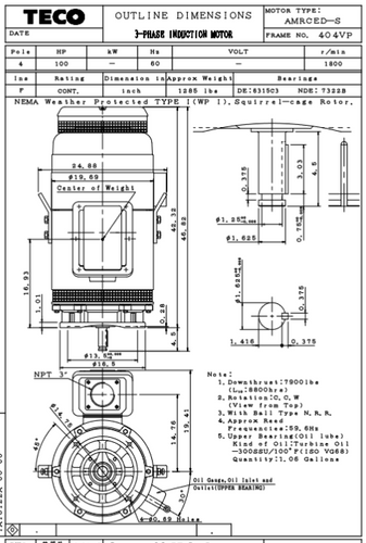 VSP1004 TECO-Westinghouse 100 HP 1800 RPM 404VP 230/460V TEFC Vertical Solid Shaft 3-Ph Motor