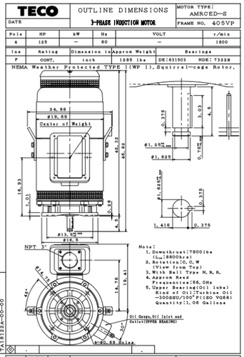 VSP1254 TECO-Westinghouse 125 HP 1200 RPM 405VP 230/460V TEFC Vertical Solid Shaft 3-Ph Motor