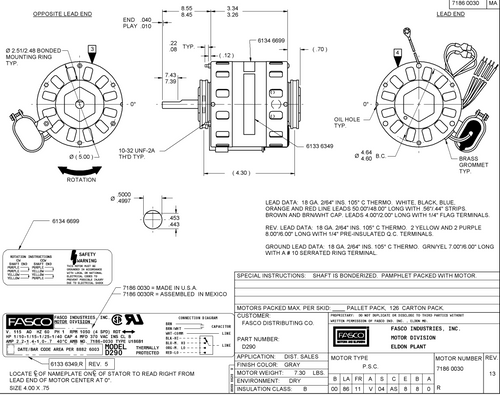 D290 Fasco Motor | 1/10 hp 1050 RPM 4-Speed 5" Diameter 115 Volt
