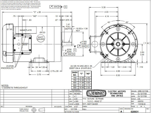 116746.00 Leeson |  1.5 hp 1800 RPM 56C Frame TEFC C-Face (Rigid Base) 230/460V
