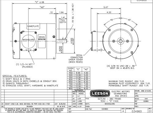 113954.00 Leeson |  1/3 hp 1800 RPM 56C Frame TENV (no base) C-Face 208-230/460V Wash Down Duty