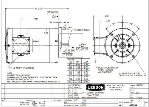 113024.00 Leeson |  1.5 hp 3600 RPM 56C Frame TENV (no base) C-Face 208-230/460V Wash Down Duty