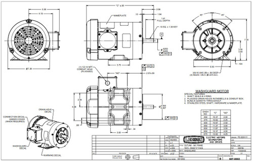 112547.00 Leeson |  1/3 hp 1800 RPM 56C Frame TEFC 208-230/460V Wash Down Duty